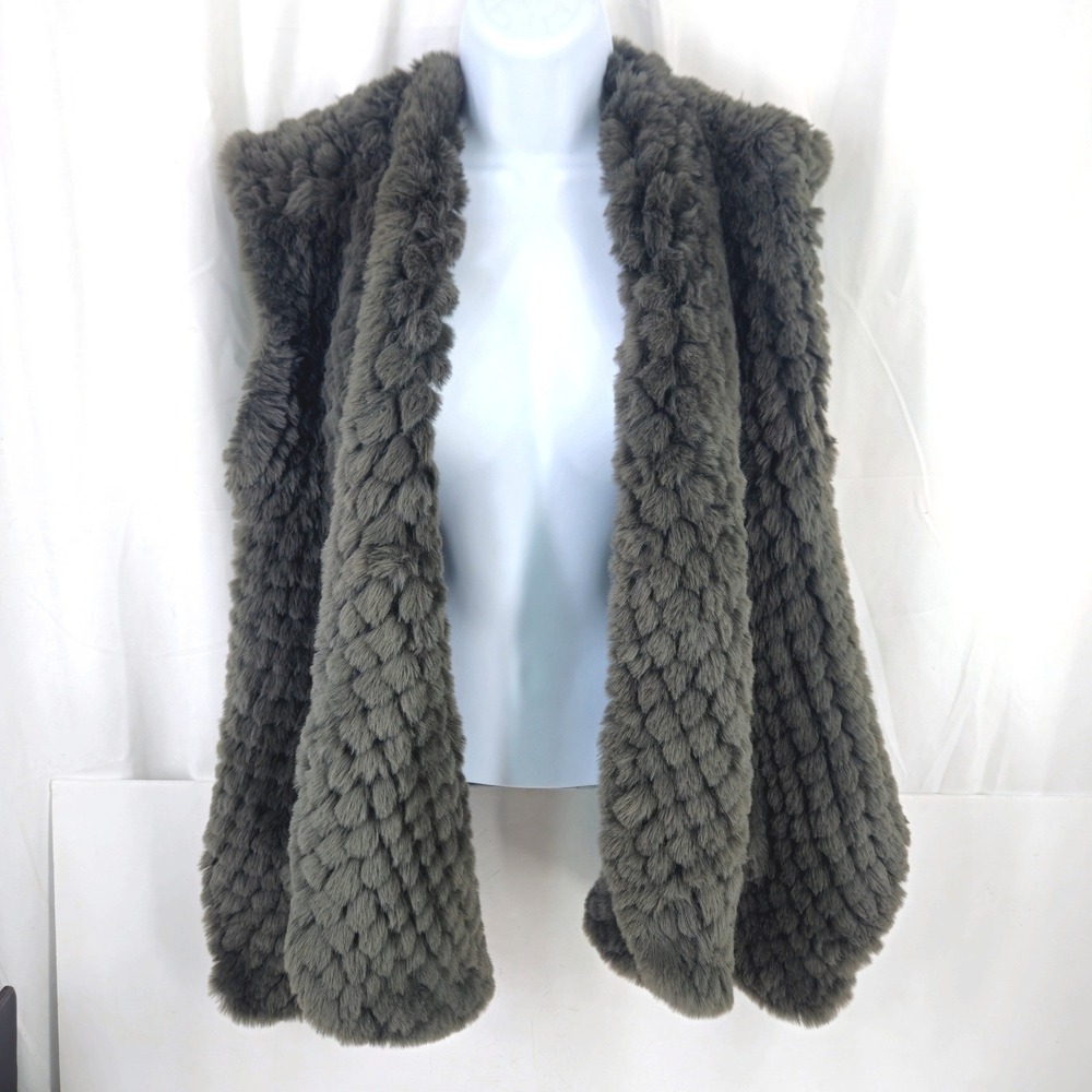 Love Token Womens Gray Faux Rabbit Fur Open Front Vest Medium Textured‎ Pockets